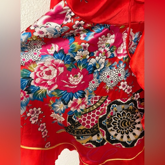Vtg Womens Kimono Silk Satin Robe Floral Ruffle Sleeve Tie Side Red Sz Medium - Picture 8 of 8